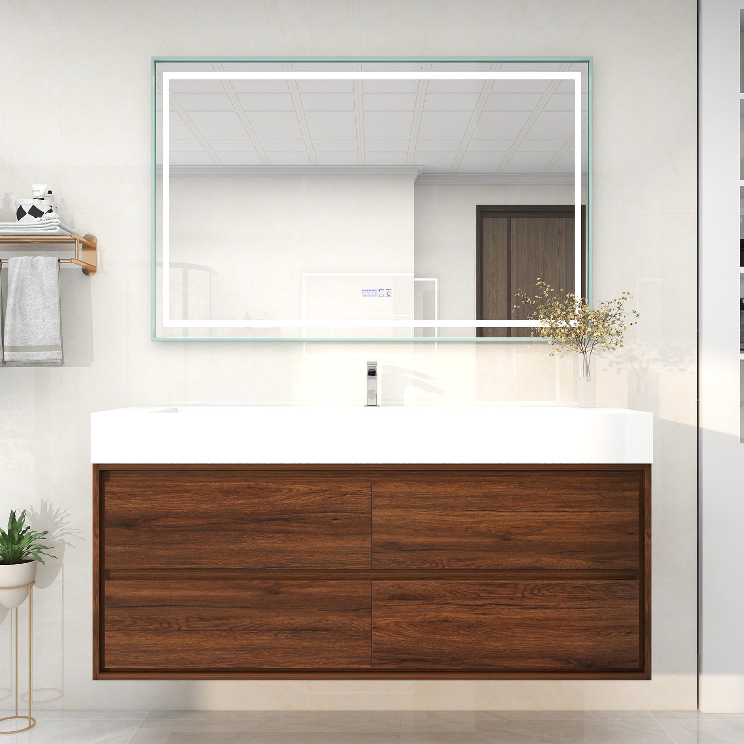 Saggia 60" Wall-Mounted Floating Bathroom Vanity with Reinforced Acrylic Sink in Rosewood | Better Vanity Modern Luxury Bathroom Vanities