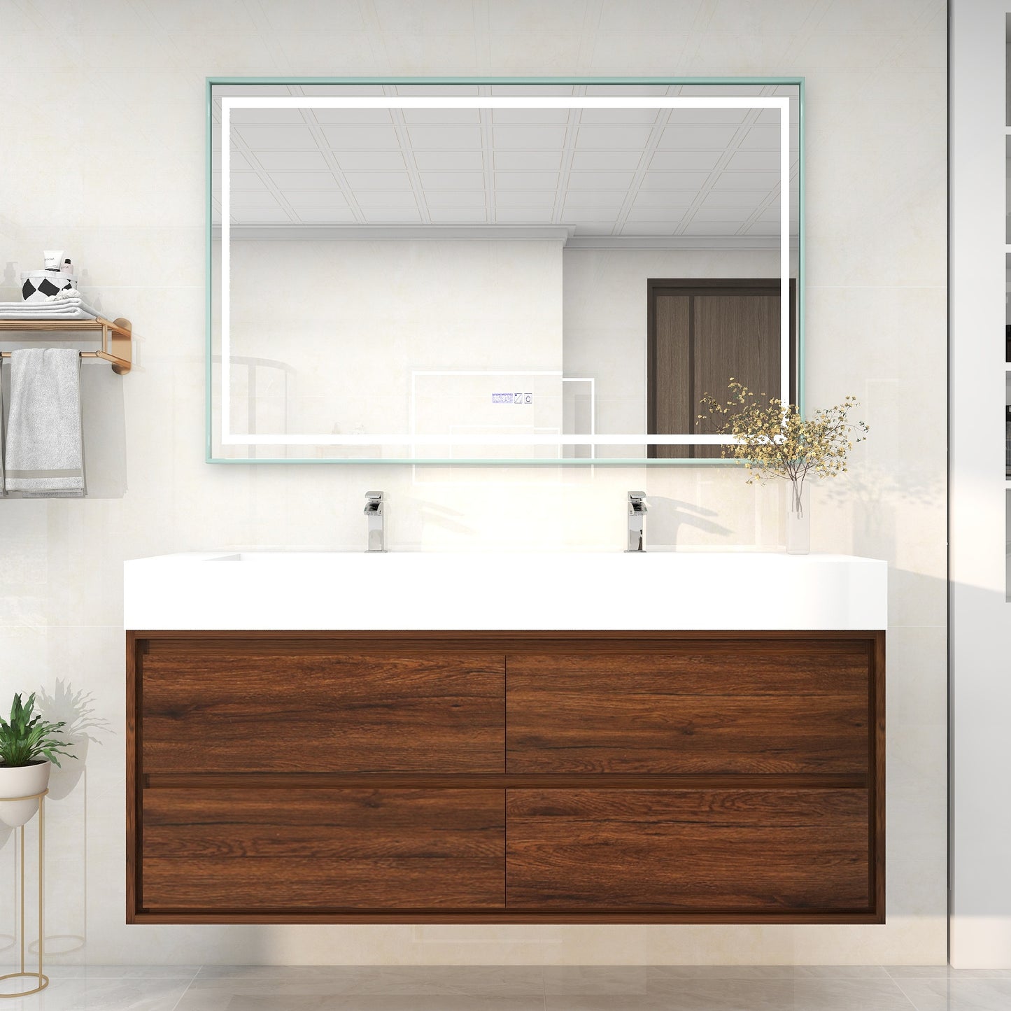 Saggia 60" Wall-Mounted Floating Bathroom Vanity with Reinforced Acrylic Double Sink in Rosewood | Better Vanity Modern Luxury Bathroom Vanities