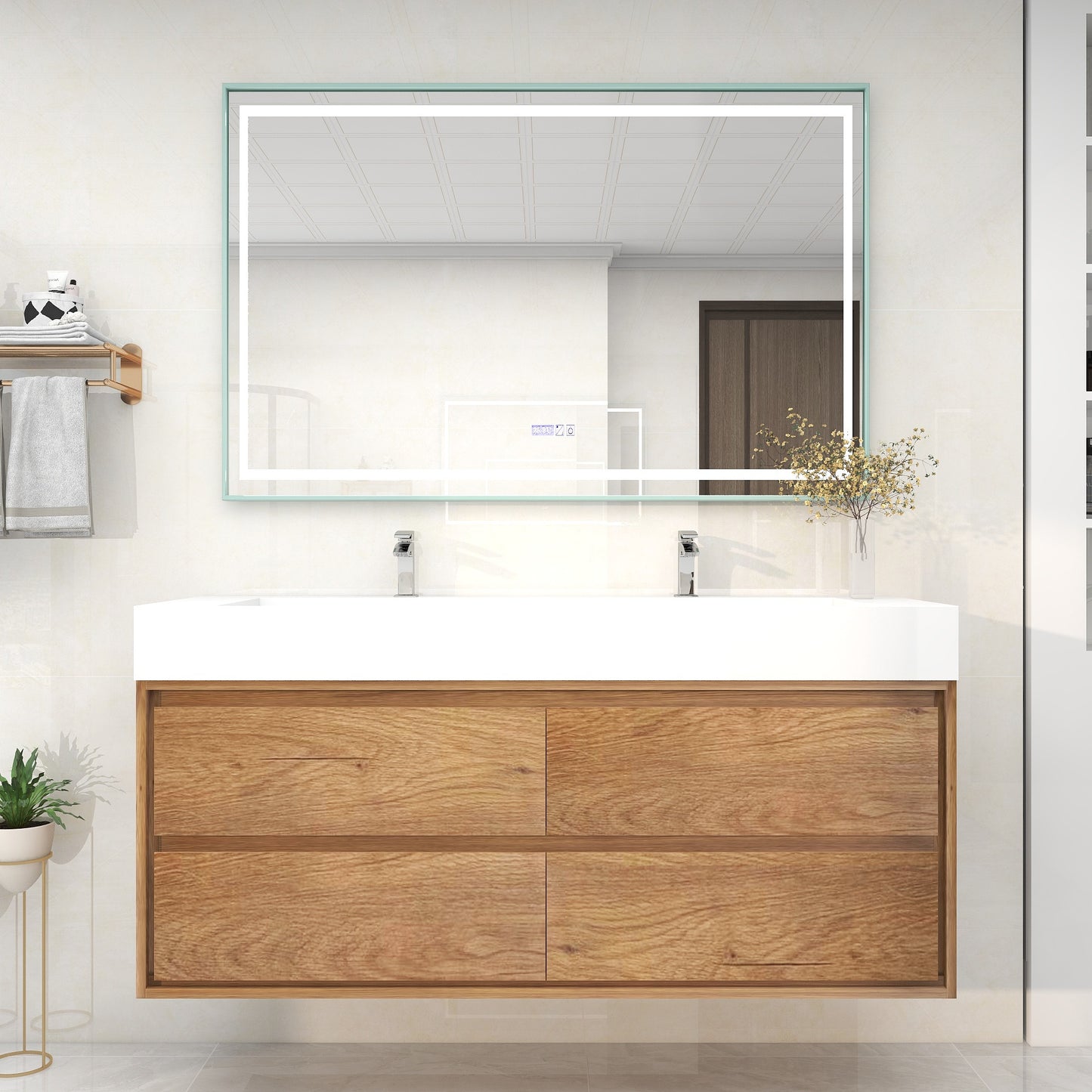 Saggia 60" Wall-Mounted Floating Bathroom Vanity with Reinforced Acrylic Double Sink in Teak Oak | Better Vanity Modern Luxury Bathroom Vanities