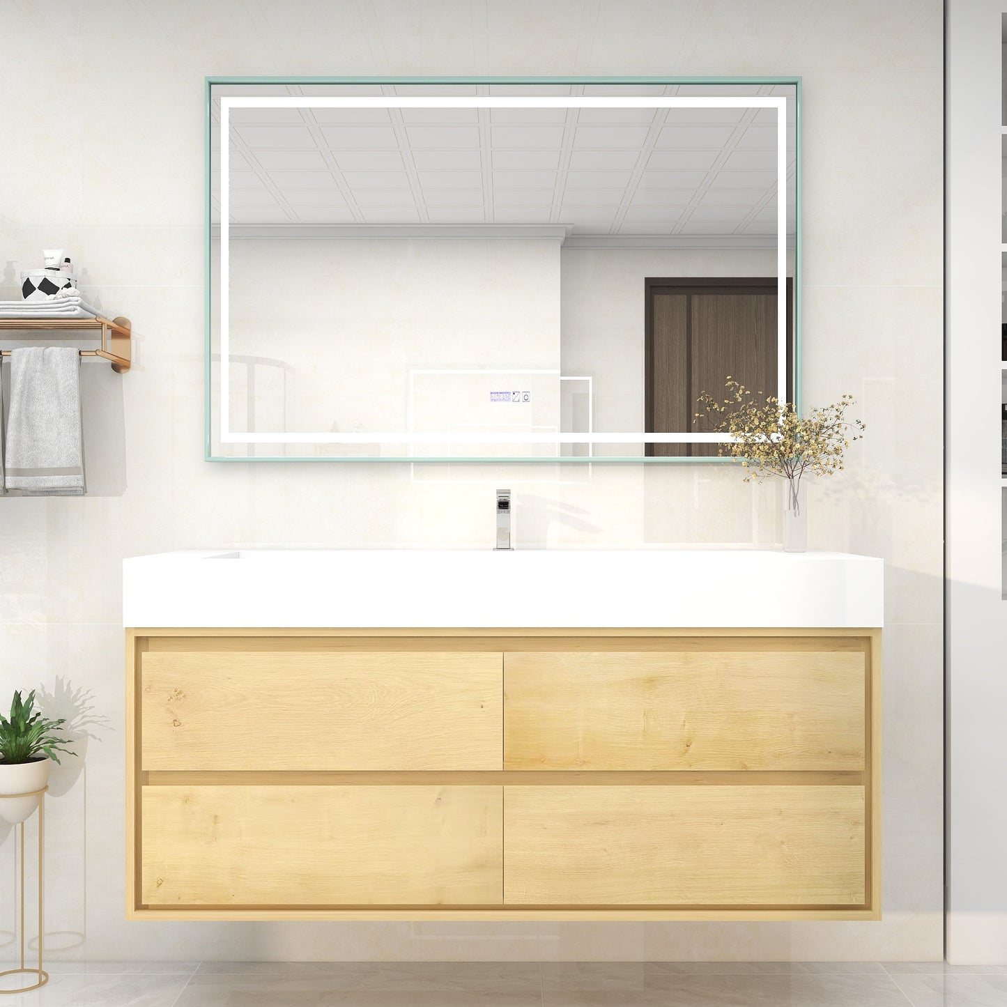 Saggia 60" Wall-Mounted Floating Bathroom Vanity with Reinforced Acrylic Sink in Light Oak | Better Vanity Modern Luxury Bathroom Vanities