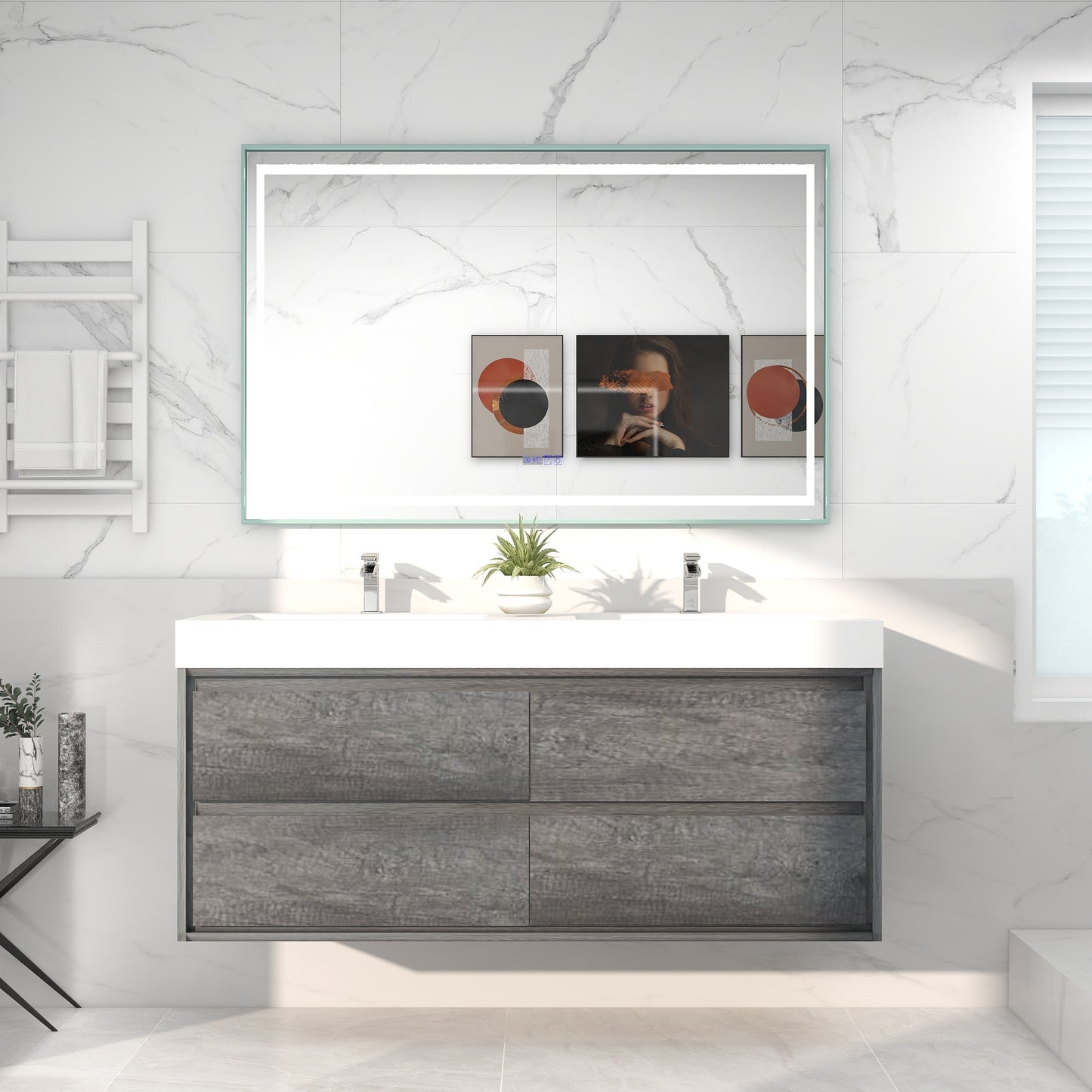 Saggia 60" Wall-Mounted Floating Bathroom Vanity with Reinforced Acrylic Double Sink in Smoke Oak | Better Vanity Modern Luxury Bathroom Vanities