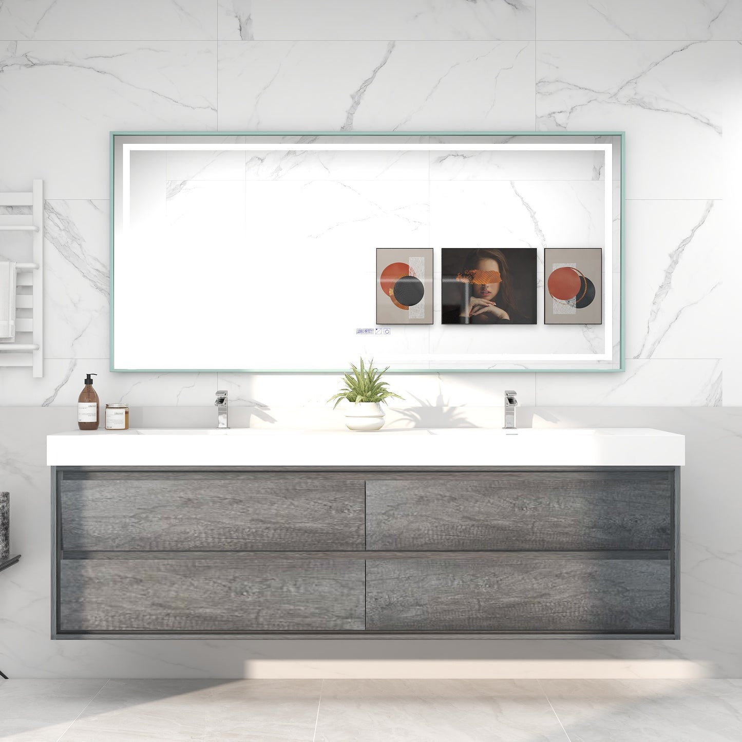 Saggia 84" Wall-Mounted Floating Bathroom Vanity with Reinforced Acrylic Double Sink in Smoke Oak | Better Vanity Modern Luxury Bathroom Vanities