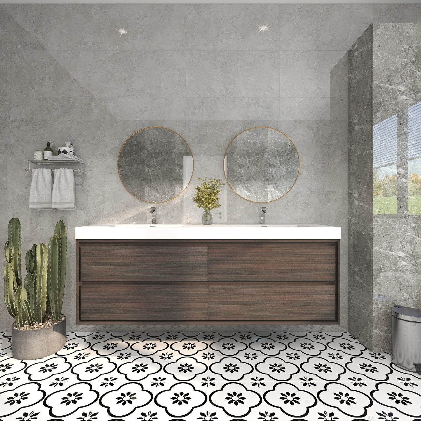 Saggia 72" Wall-Mounted Floating Bathroom Vanity with Reinforced Acrylic Double Sink in Dark Gray Oak | Better Vanity Modern Luxury Bathroom Vanities