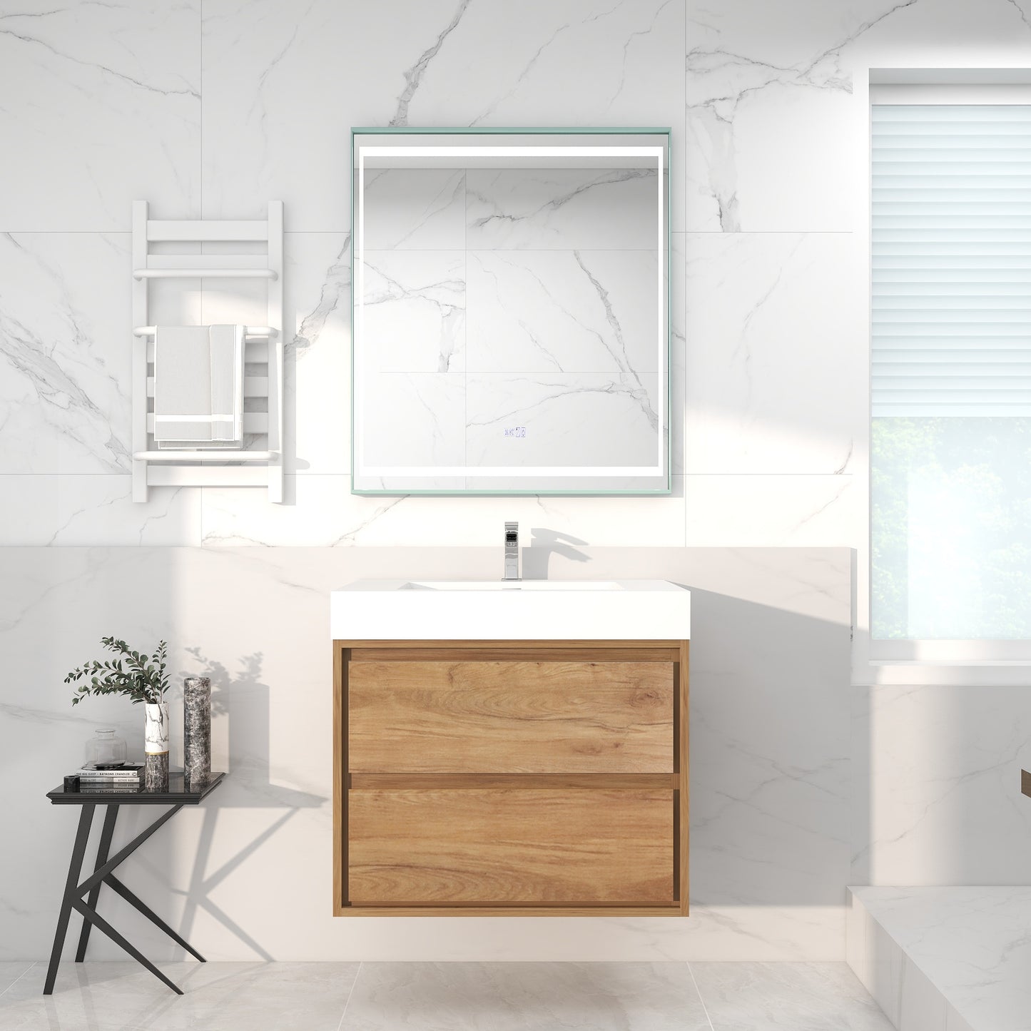 Saggia 30" Wall-Mounted Floating Bathroom Vanity with Reinforced Acrylic Sink in White Oak | Better Vanity Modern Luxury Bathroom Vanities