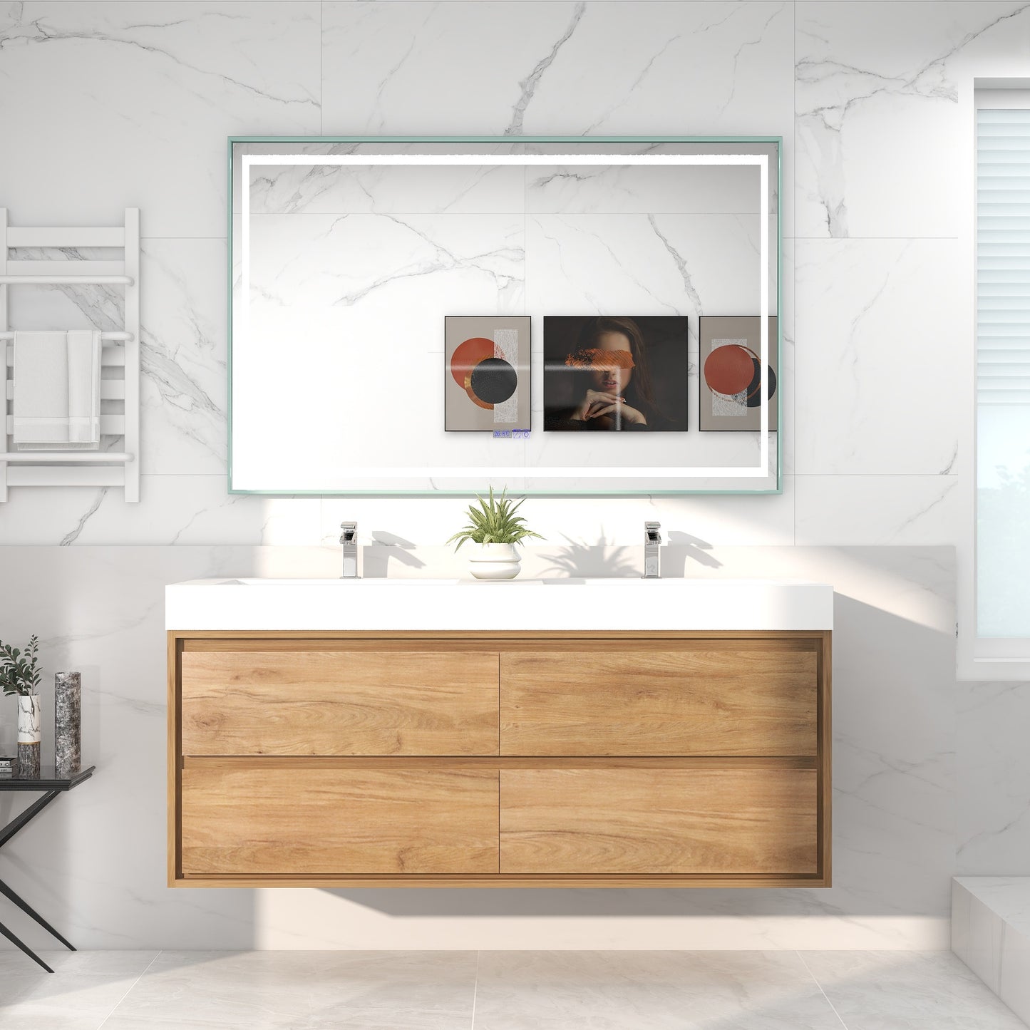Saggia 60" Wall-Mounted Floating Bathroom Vanity with Reinforced Acrylic Double Sink in White Oak | Better Vanity Modern Luxury Bathroom Vanities