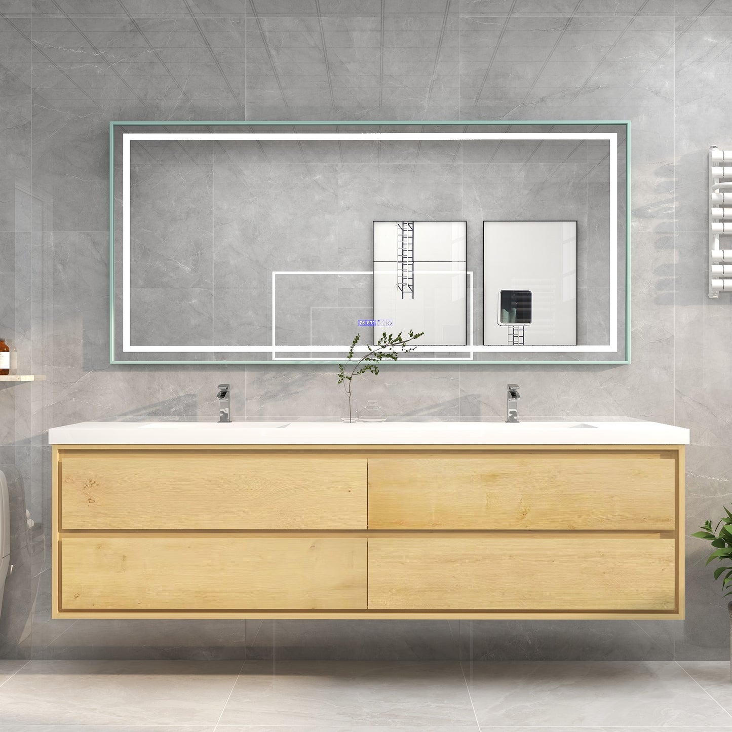 Saggia 84" Floating Vanity with Double Sink Set in Light Oak