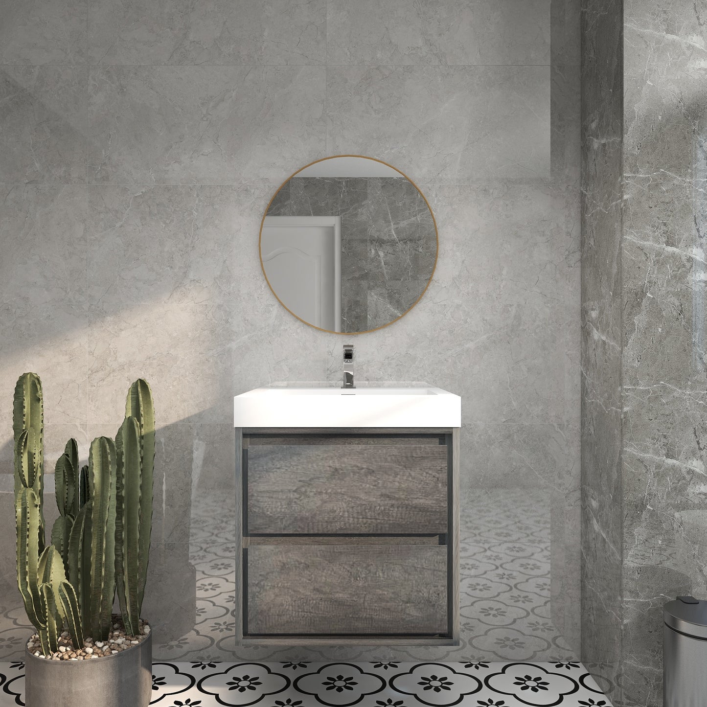 Saggia 24" Wall-Mounted Floating Bathroom Vanity with Reinforced Acrylic Sink in Smoke Oak | Better Vanity Modern Luxury Bathroom Vanities