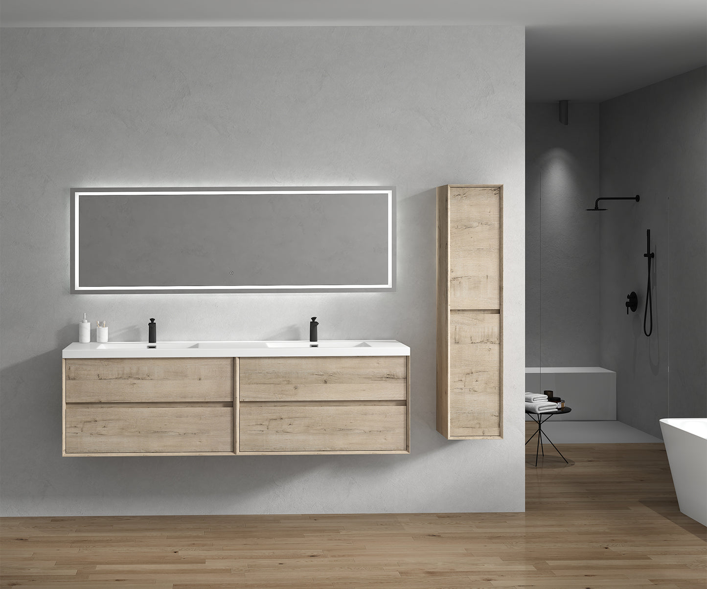 Kingdee 84" Light Oak Wall Mounted Vanity with Reinforced Acrylic Sinks