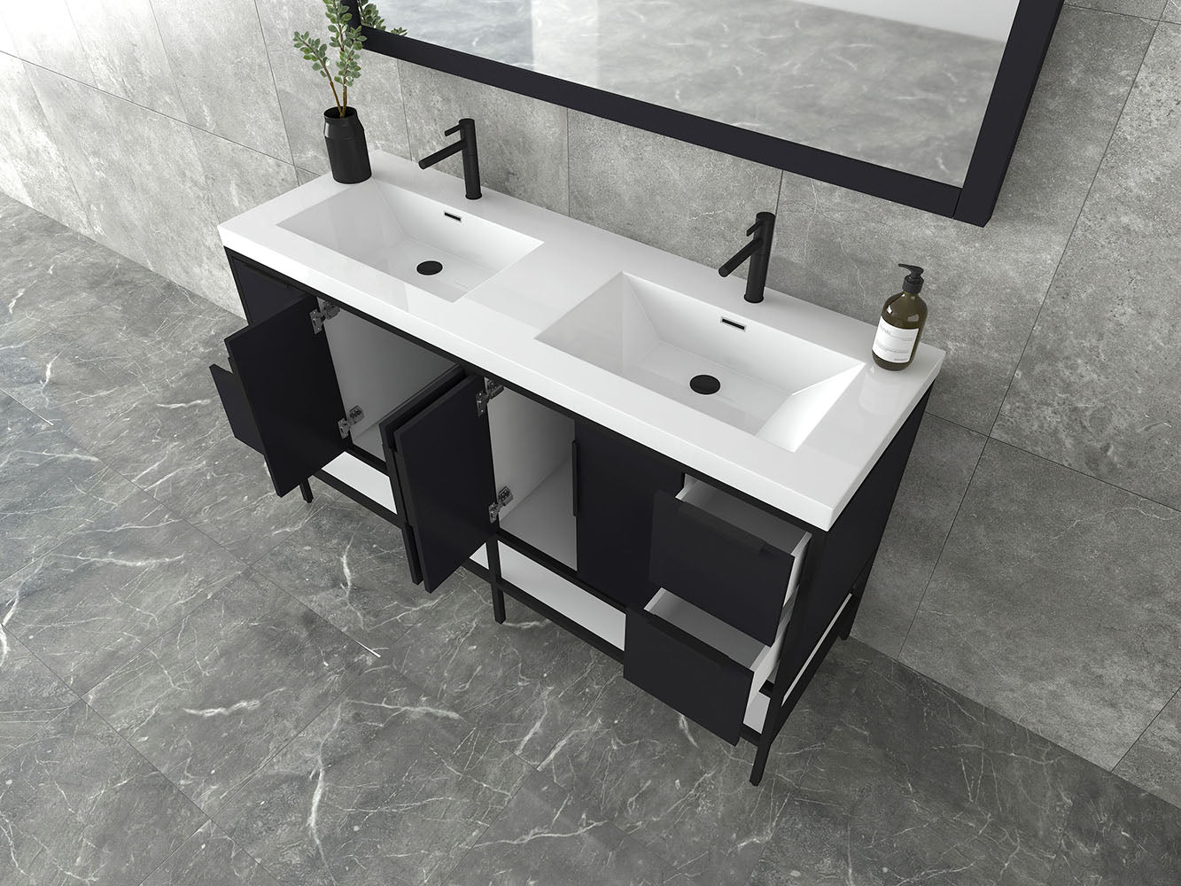 Matthew 60" Glossy Gray Freestanding Vanity with Reinforced Acrylic Sinks