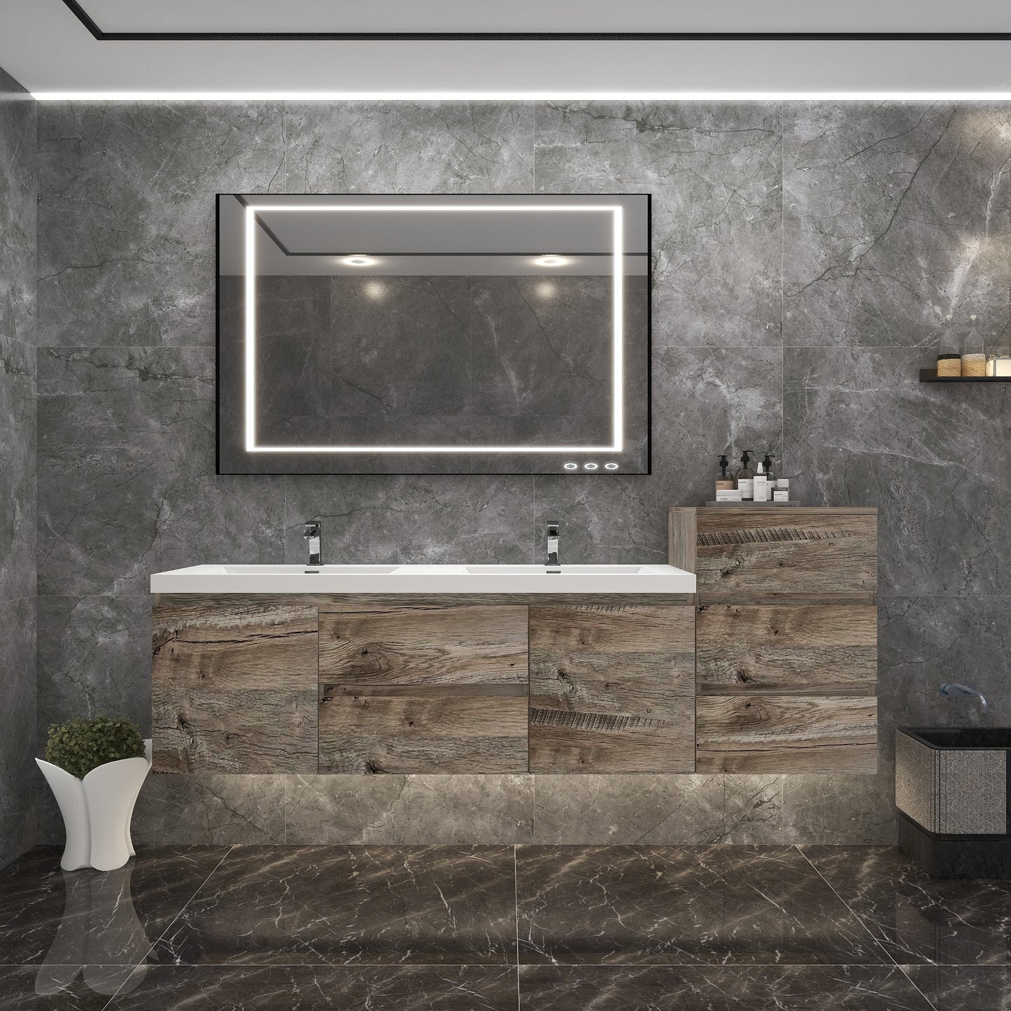 BOW 80" Double Sink Vanity in Natural Wood & BOW Matching Side Cabinet - Better Vanity