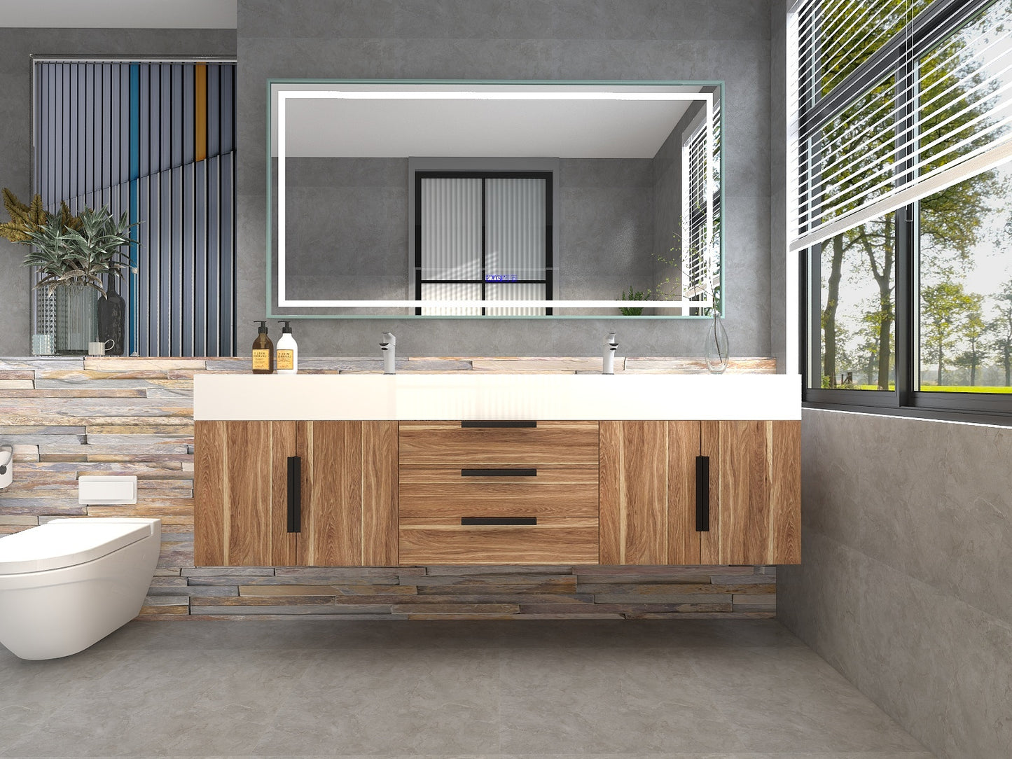 Bethany 72" Floating Bathroom Vanity with Reinforced Acrylic Double Sink in White Oak with Black Handles | Better Vanity Bath Vanities