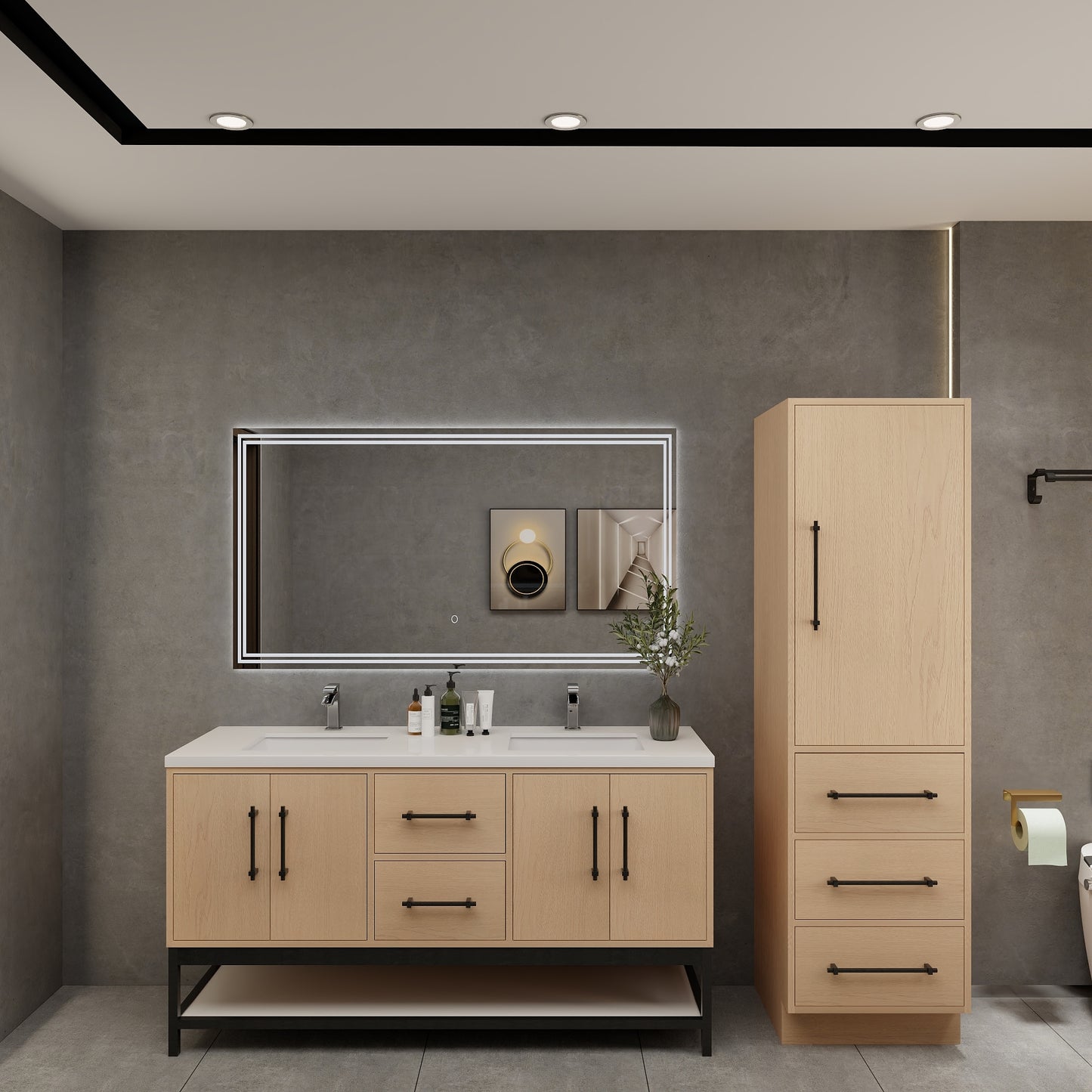 Victoria 60" Solid Wood Floating Open Shelf Bathroom Vanity in Yellow Oak, Double Sink Vanity | Better Vanity Solid Wood Floating Vanities
