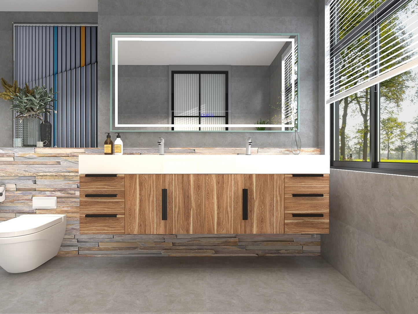 Bethany 72" Floating Bathroom Vanity with Reinforced Acrylic Double Sink in White Oak with Black Handles | Better Vanity Bath Vanities