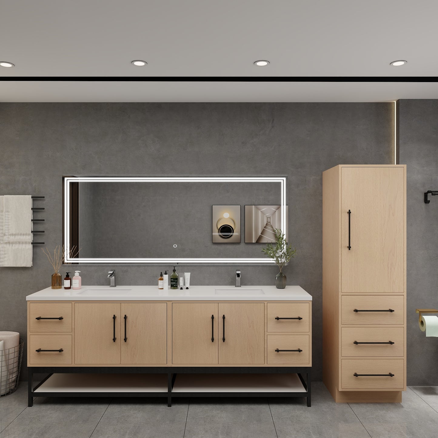 Victoria 84" Solid Wood Floating Open Shelf Bathroom Vanity in Yellow Oak, Double Sink Vanity | Better Vanity Solid Wood Floating Vanities