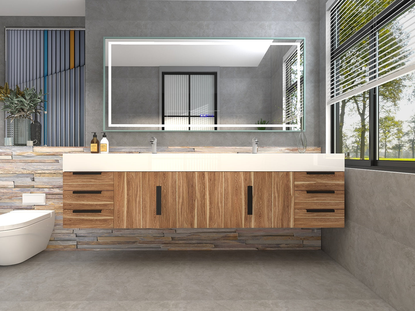 Bethany 84" Floating Bathroom Vanity with Reinforced Acrylic Double Sink in White Oak with Black Handles | Better Vanity Bath Vanities