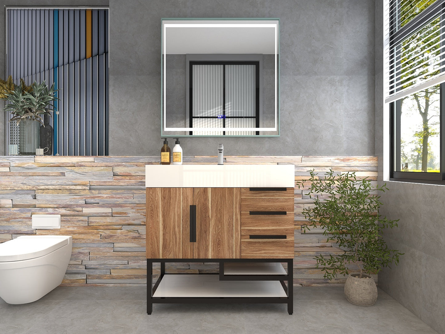 Bethany 36" Freestanding Bathroom Vanity with Reinforced Acrylic Sink in White Oak with Black Handles | Better Vanity Bath Vanities