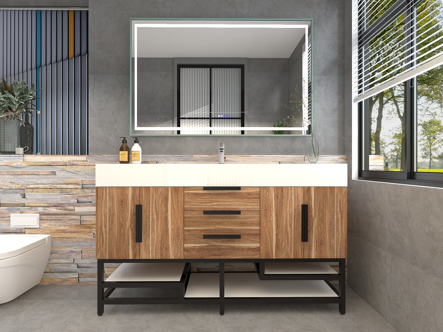Bethany 60" Freestanding Bathroom Vanity with Reinforced Acrylic Sink in White Oak with Black Handles | Better Vanity Bath Vanities