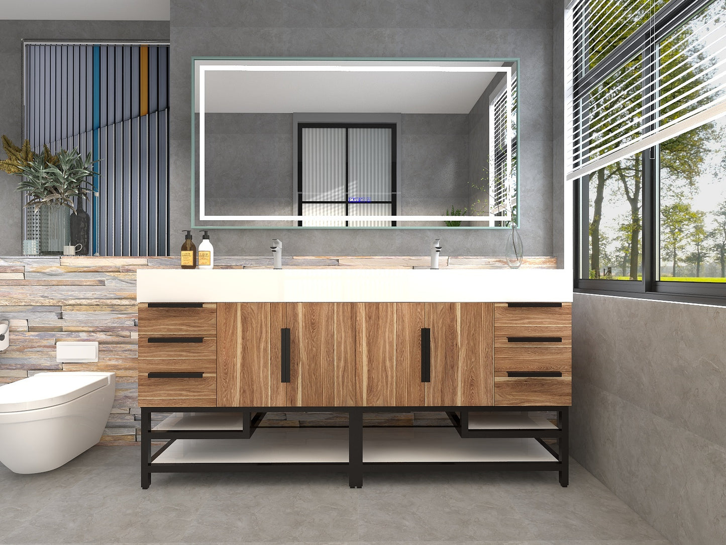 Bethany 72" Freestanding Bathroom Vanity with Reinforced Acrylic Double Sink in White Oak with Black Handles | Better Vanity Bath Vanities