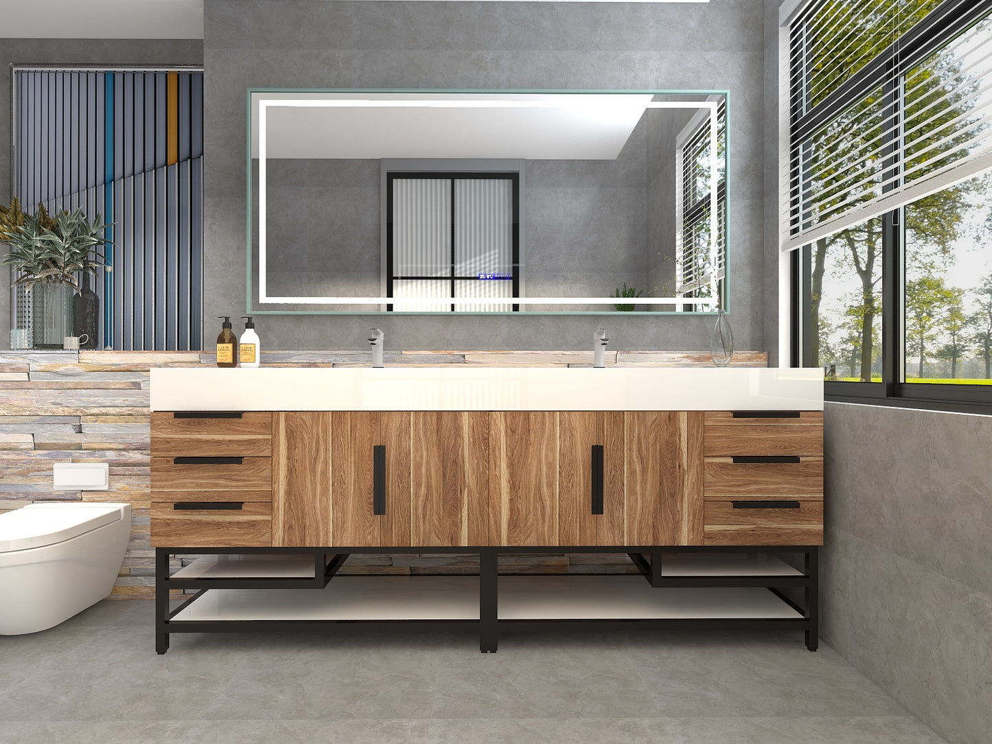 Bethany 84" Freestanding Bathroom Vanity with Reinforced Acrylic Double Sink in White Oak with Black Handles | Better Vanity Bath Vanities