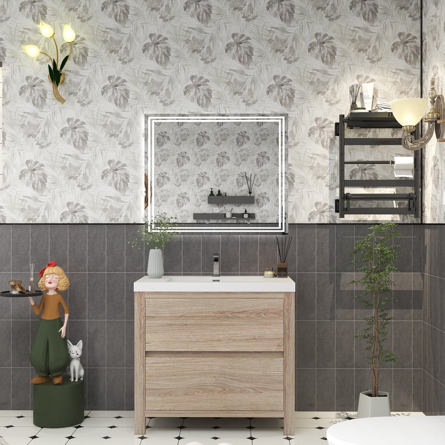 Louis 36" Solid Wood Freestanding Bathroom Vanity with Sink in White Oak | Better Vanity Solid Wood Floating Vanities
