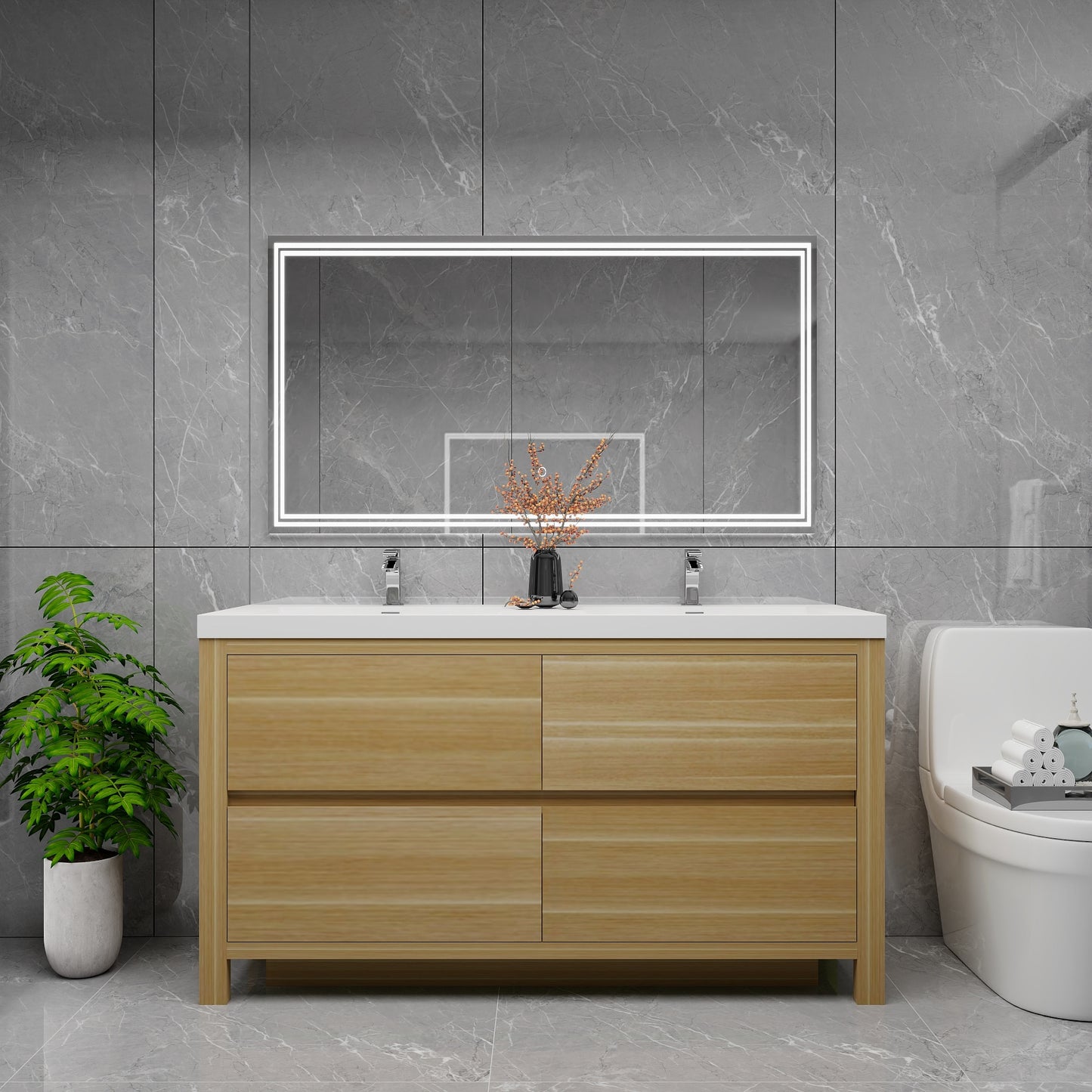 Louis 60" Solid Wood Freestanding Bathroom Vanity with Double Sink in Light Oak | Better Vanity Solid Wood Floating Vanities
