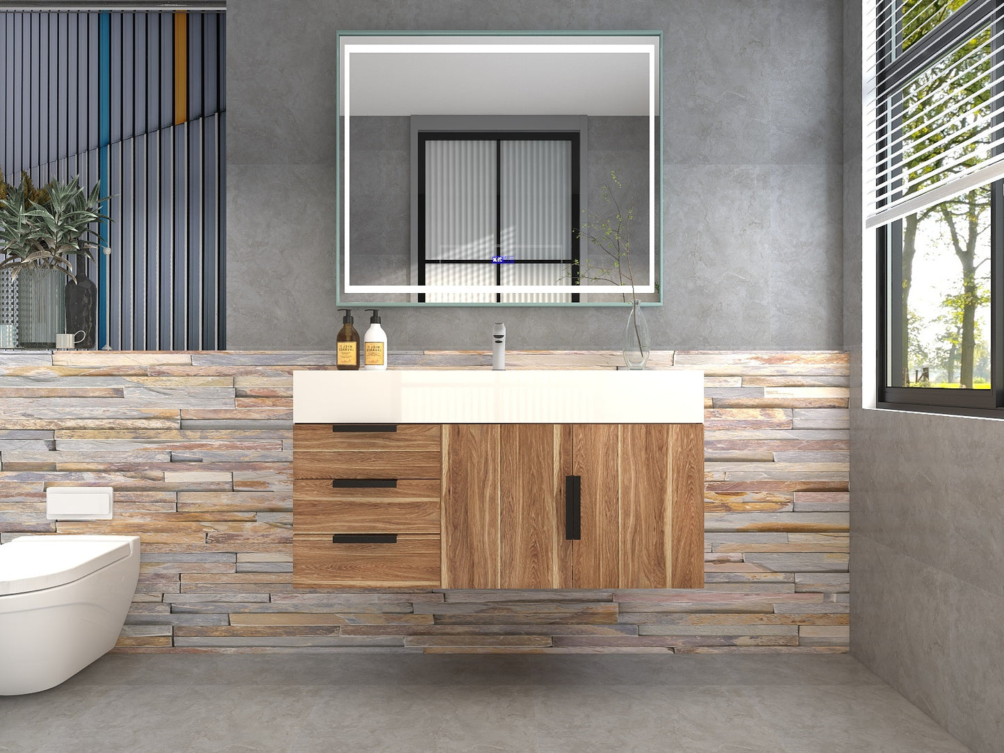 Bethany 42" Floating Bathroom Vanity with Reinforced Acrylic Sink in White Oak with Black Handles | Better Vanity Bath Vanities