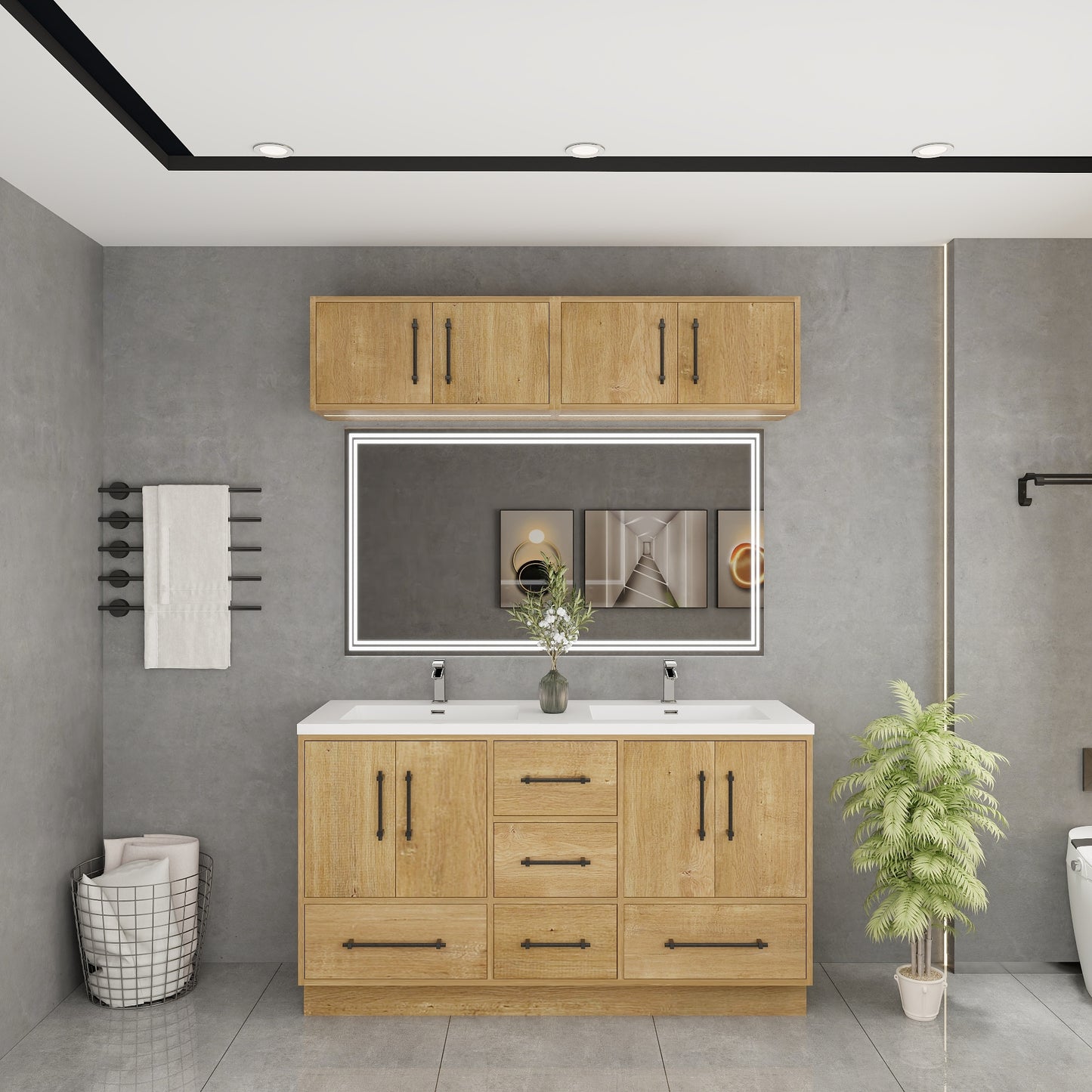 Victoria 60" Solid Wood Freestanding Bathroom Vanity in Oak, Double Sink Vanity | Better Vanity Solid Wood Floating Vanities