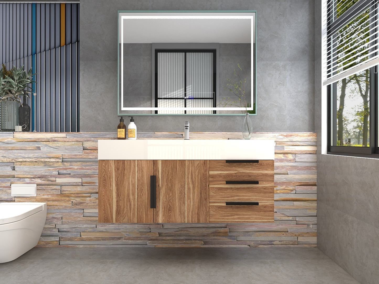 Bethany 48" Floating Bathroom Vanity with Reinforced Acrylic Sink in White Oak with Black Handles | Better Vanity Bath Vanities