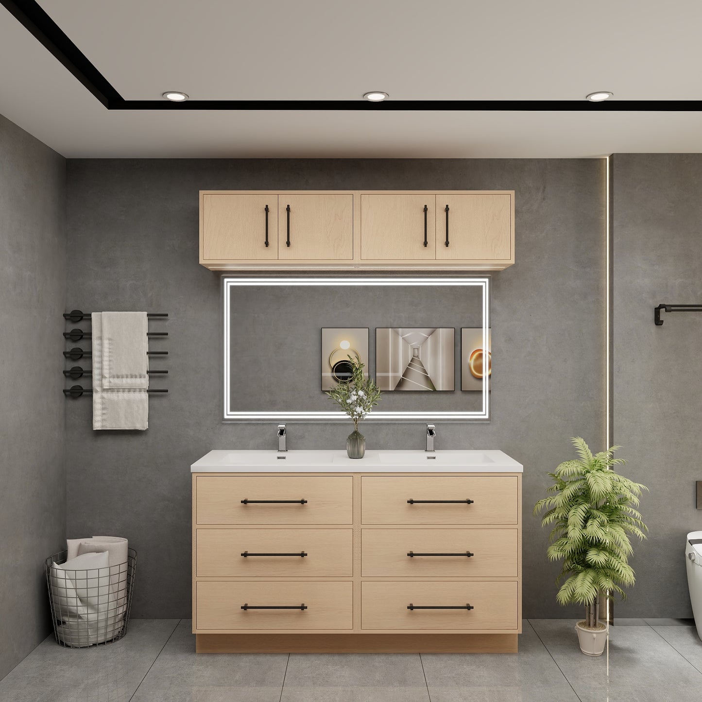 Victoria 60" Solid Wood Freestanding Bathroom Vanity in Yellow Oak, Double Vanity | Better Vanity Solid Wood Floating Vanities