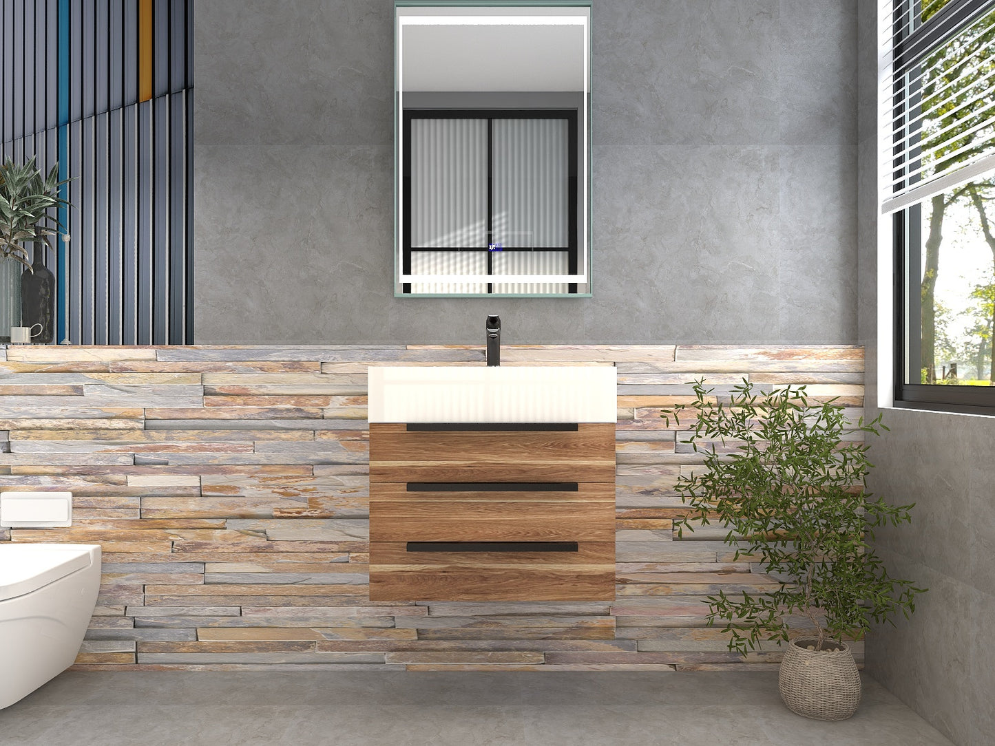 Bethany 24" Floating Bathroom Vanity with Reinforced Acrylic Sink in White Oak with Black Handles | Better Vanity Bath Vanities