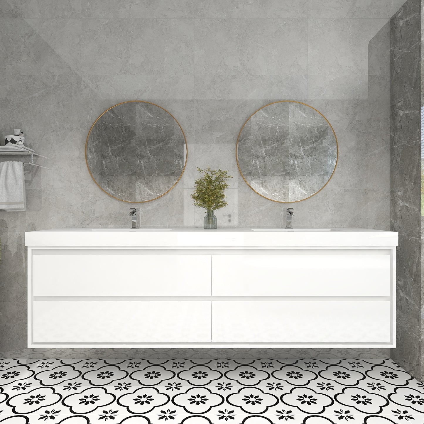 Saggia 84" Wall-Mounted Floating Bathroom Vanity with Reinforced Acrylic Double Sink in Gloss White | Better Vanity Modern Luxury Bathroom Vanities
