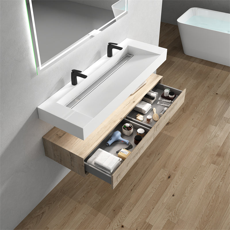 Alysa 60'' Double Sink floating vanity In light Oak with Reinforced Acrylic Sink
