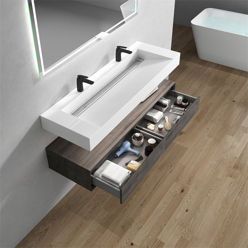 Alysa 60'' Double Sink floating vanity in Smoke Oak with Reinforced Acrylic Sink