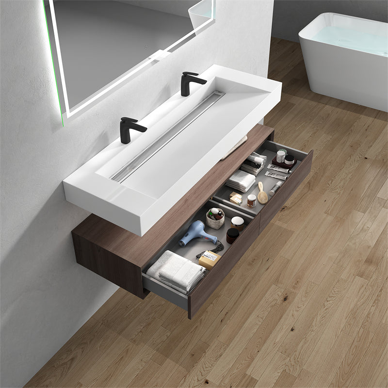 Alysa 60'' Double Sink floating vanity in Red Oak with Reinforced Acrylic Sink