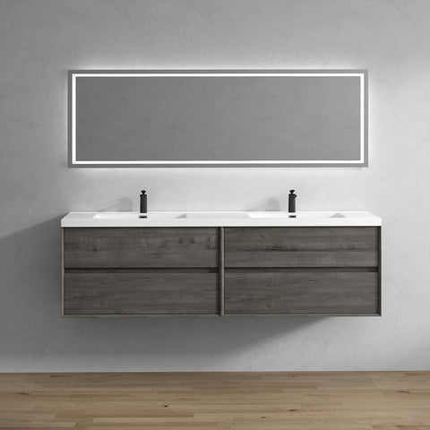 Kingdee 84" Smoke Oak Wall Mounted Vanity with Reinforced Acrylic Sinks