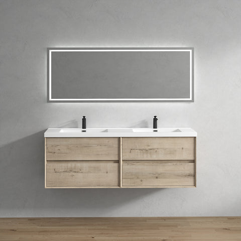 Kingdee 72" Light  Oak Wall Mounted Vanity with Reinforced Acrylic Sinks