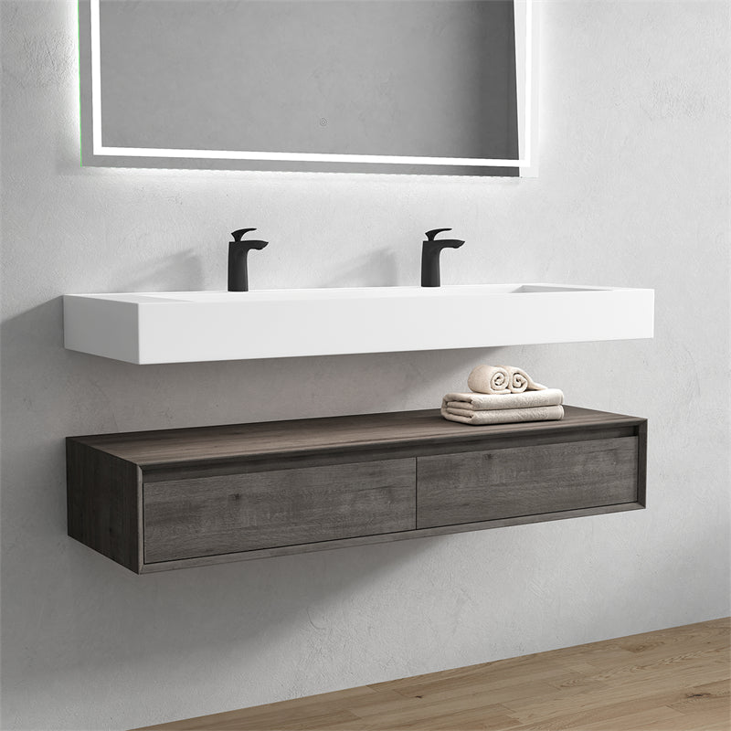 Alysa 60'' Double Sink floating vanity in Smoke Oak with Reinforced Acrylic Sink