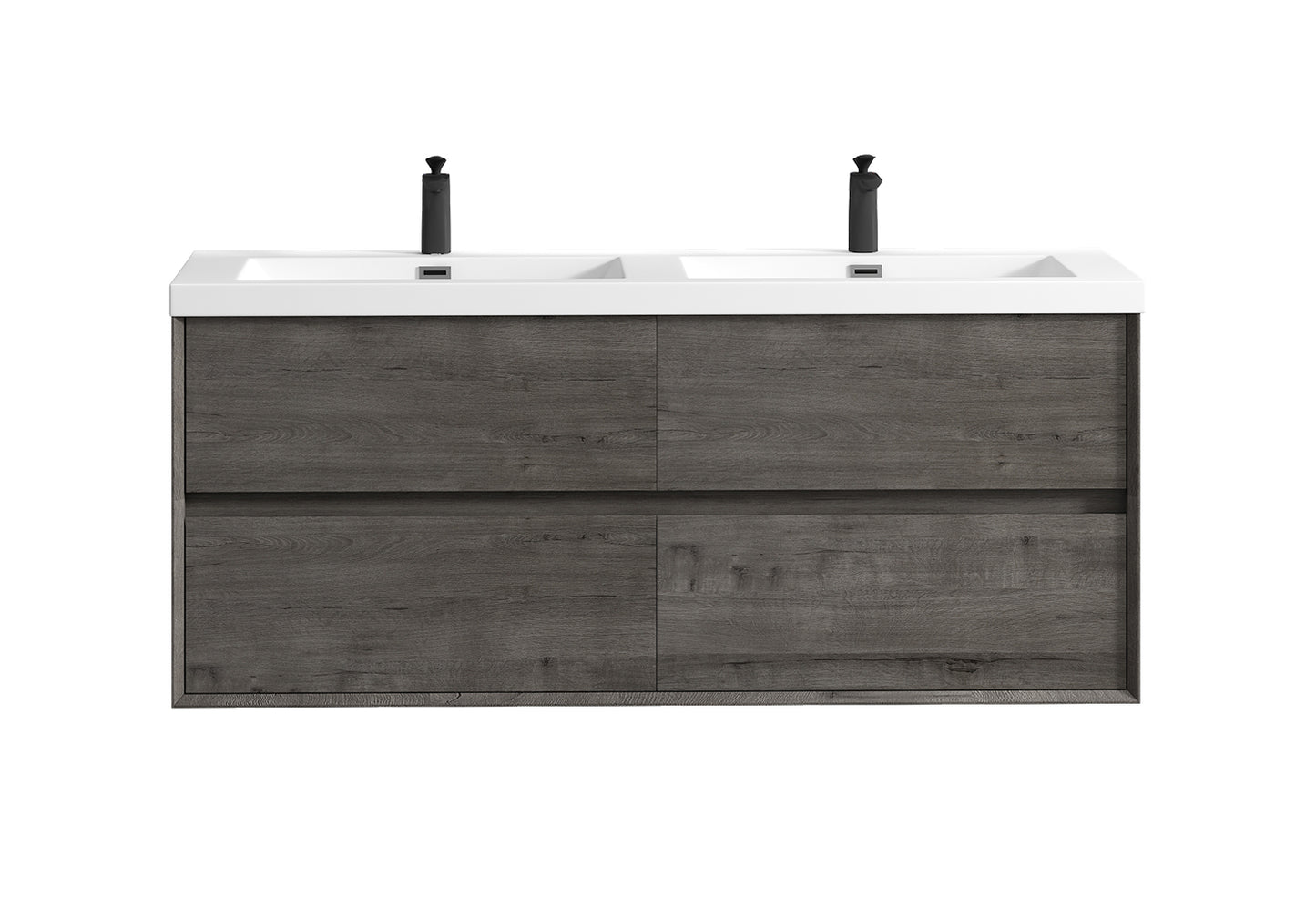 Kingdee 60" Smoke Oak Wall Mounted Vanity with Reinforced Acrylic Double Sinks