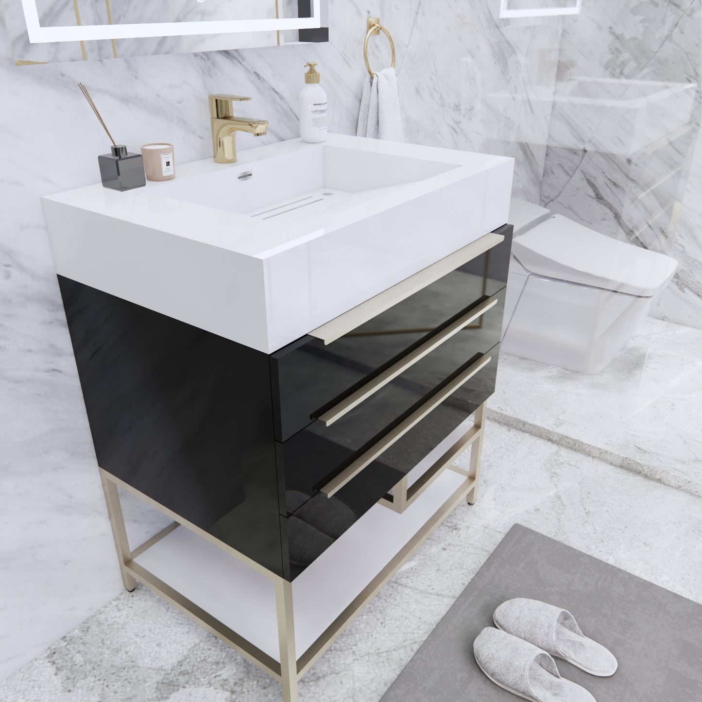 Bethany Freestanding Bathroom Vanity with Reinforced Acrylic Sink | Gold Handles
