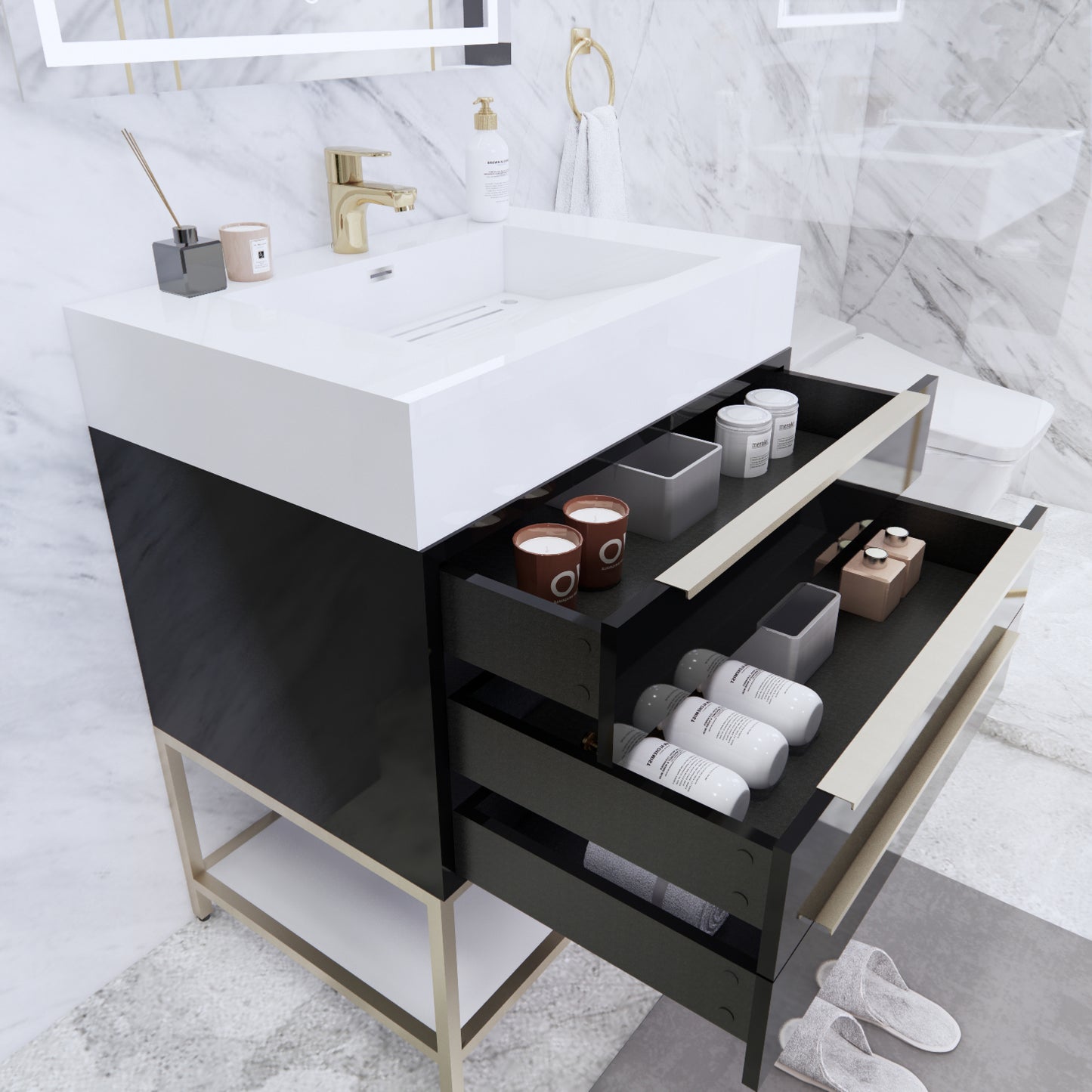 Bethany Freestanding Bathroom Vanity with Reinforced Acrylic Sink | Gold Handles