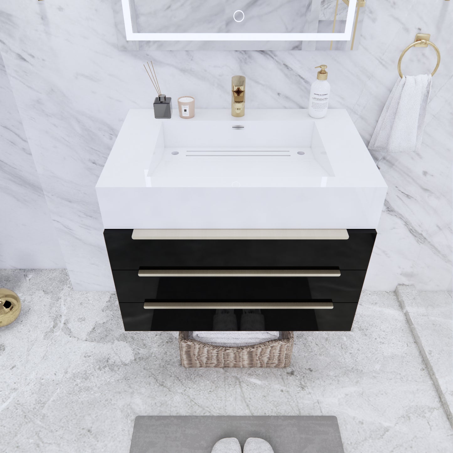 Bethany Wall Mounted Floating Bathroom Vanity with Reinforced Acrylic Sink | Gold Handles