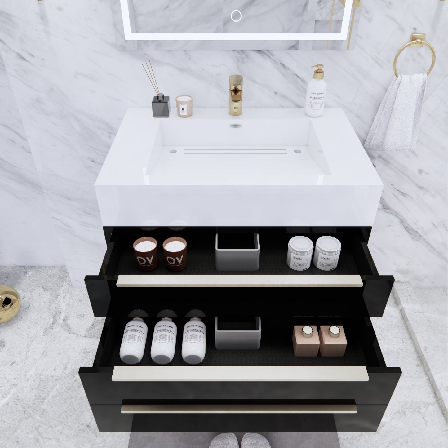 Bethany Wall Mounted Floating Bathroom Vanity with Reinforced Acrylic Sink | Gold Handles
