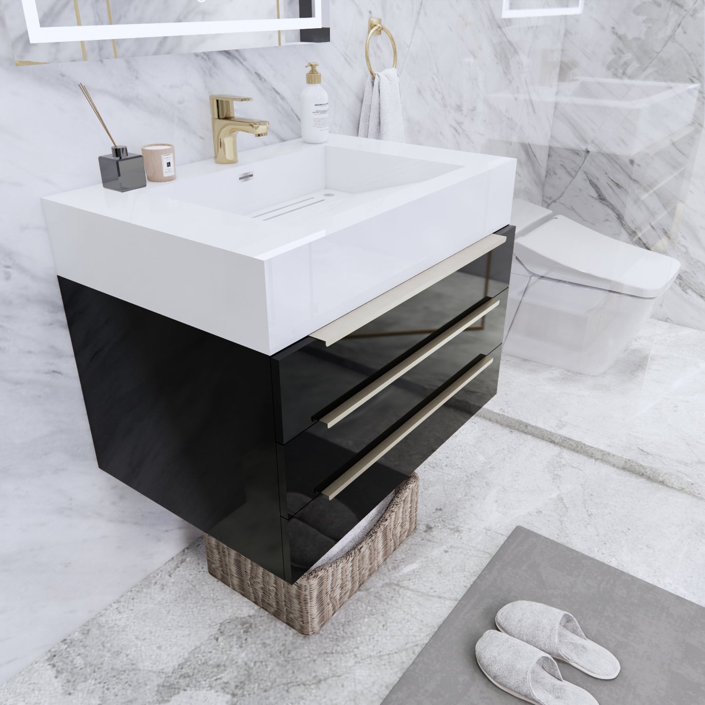 Bethany Wall Mounted Floating Bathroom Vanity with Reinforced Acrylic Sink | Gold Handles