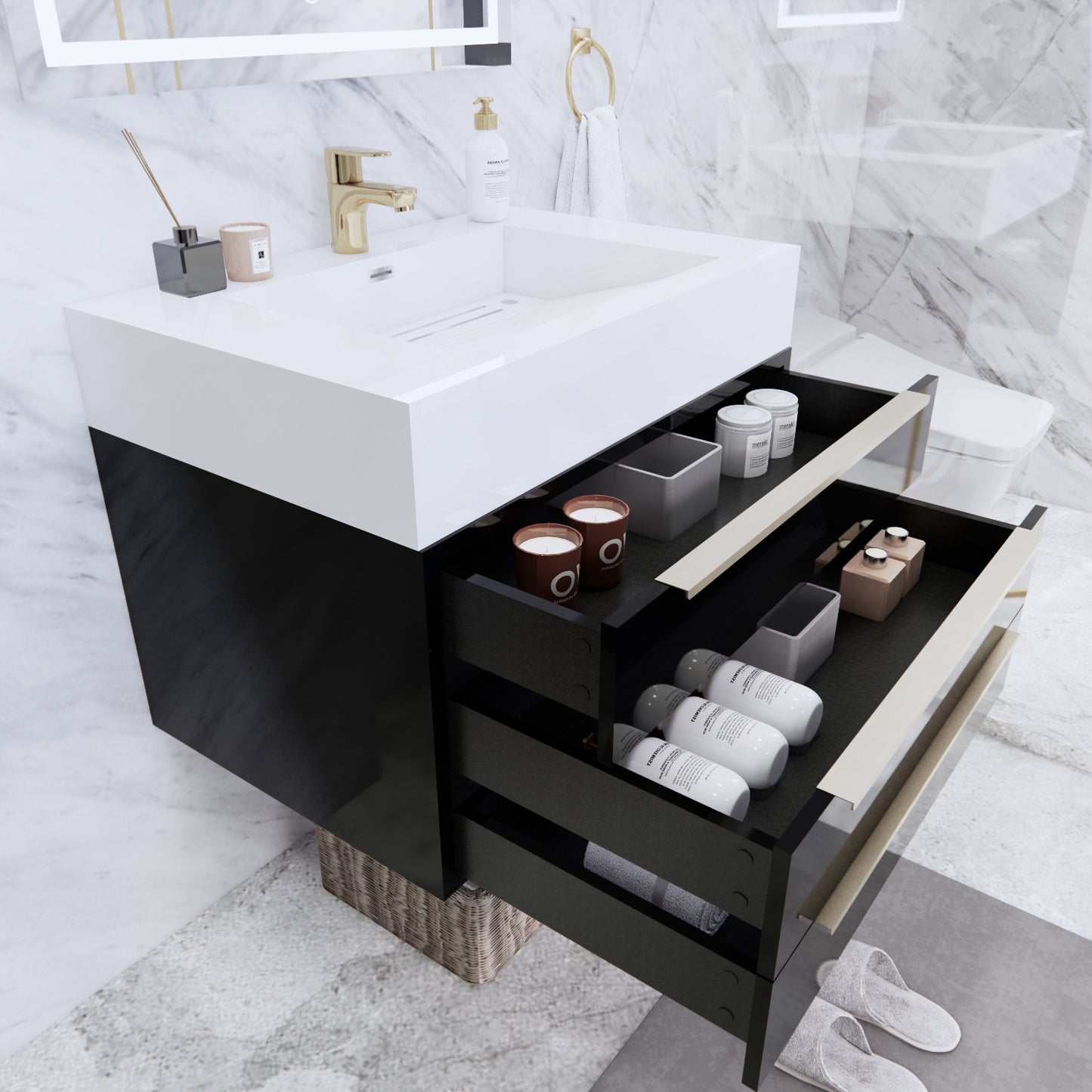 Bethany Wall Mounted Floating Bathroom Vanity with Reinforced Acrylic Sink | Gold Handles