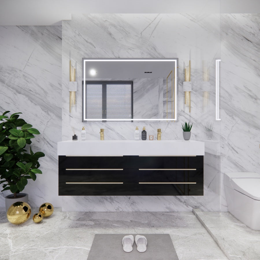 Bethany Wall Mounted Floating Bathroom Vanity with Reinforced Acrylic Sink | Gold Handles