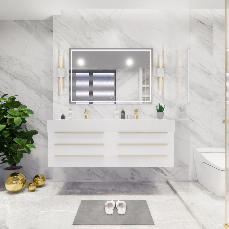 Bethany Wall Mounted Floating Bathroom Vanity with Reinforced Acrylic Sink | Gold Handles