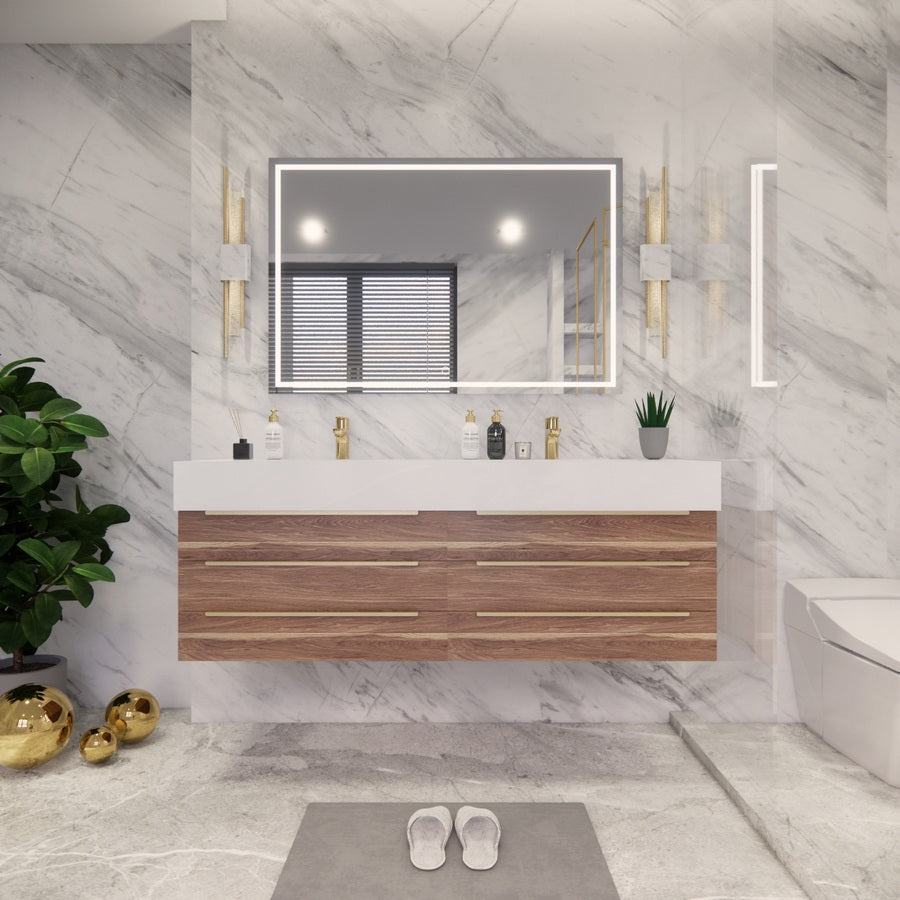 Bethany Wall Mounted Floating Bathroom Vanity with Reinforced Acrylic Sink | Gold Handles