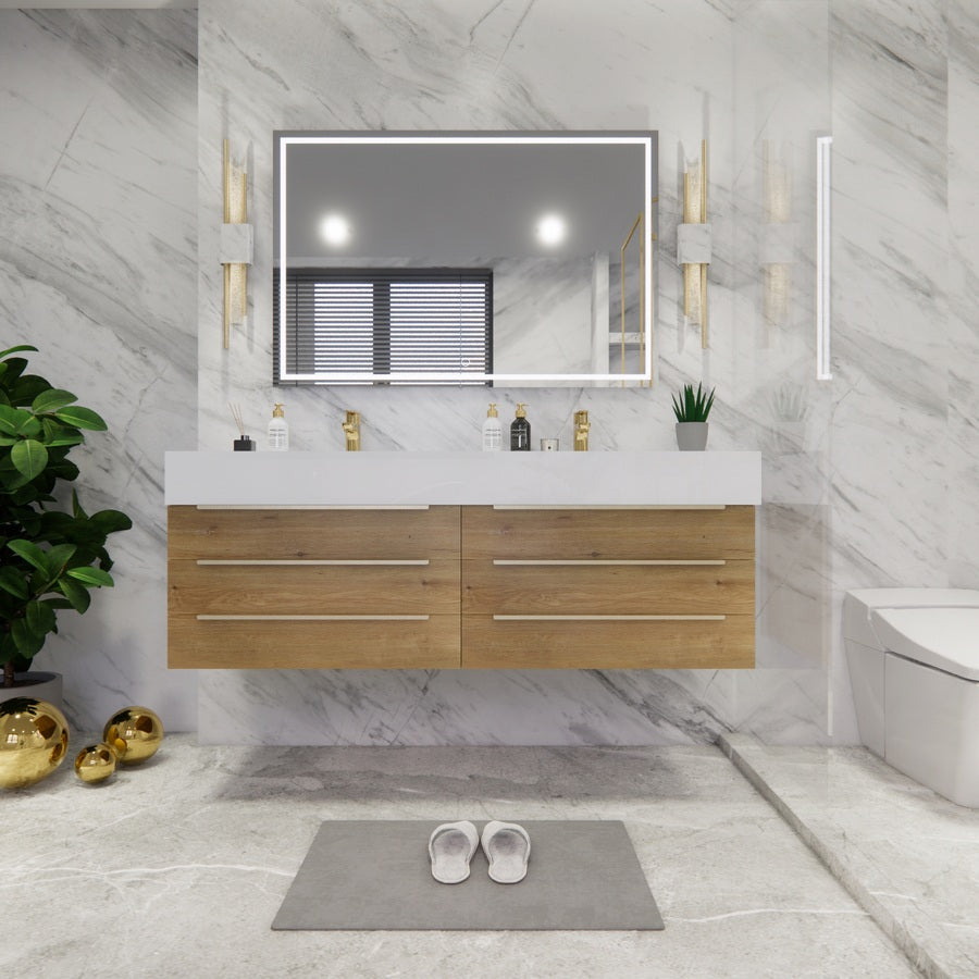Bethany Wall Mounted Floating Bathroom Vanity with Reinforced Acrylic Sink | Gold Handles