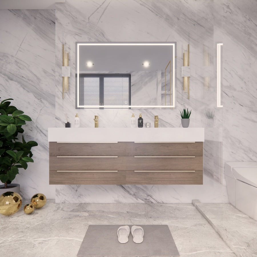 Bethany Wall Mounted Floating Bathroom Vanity with Reinforced Acrylic Sink | Gold Handles