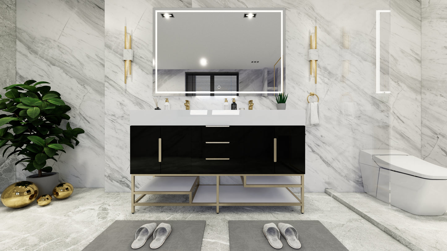 Bethany 60" Freestanding Vanity in High Gloss Black with Double Sink